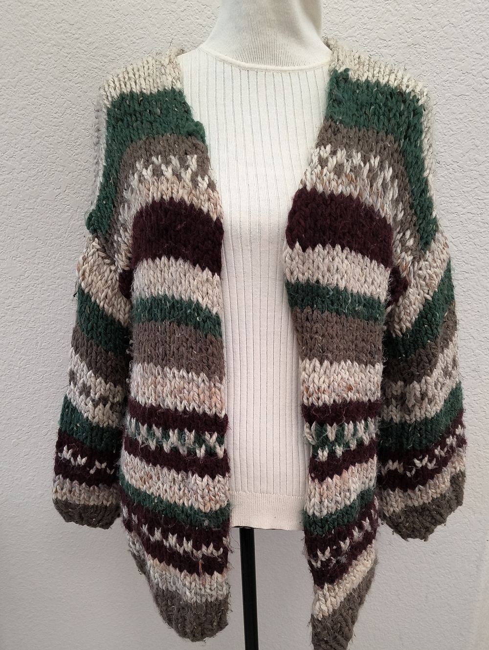 Cozy Multi Color Open Front Women’s Handmade Croche Sweater Cream, Green, Brown.